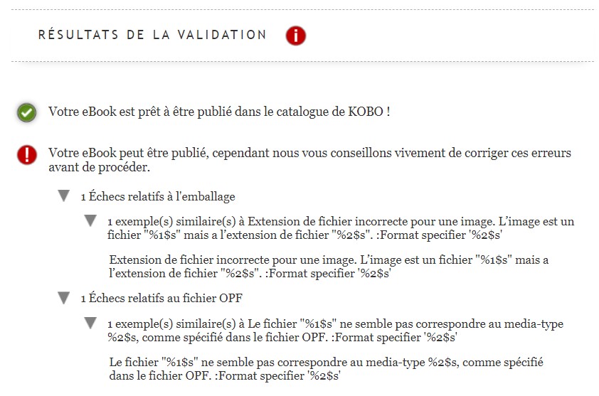 Capture d'écran du tableau de bord Kobo Writing Life présentant des erreurs de validation mineures détectées sur un ePub lors d'une tentative de publication.