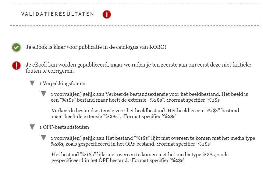 Overzicht van validatieresultaten met de melding dat het eBook klaar is voor publicatie maar nog enkele niet-kritieke fouten bevat