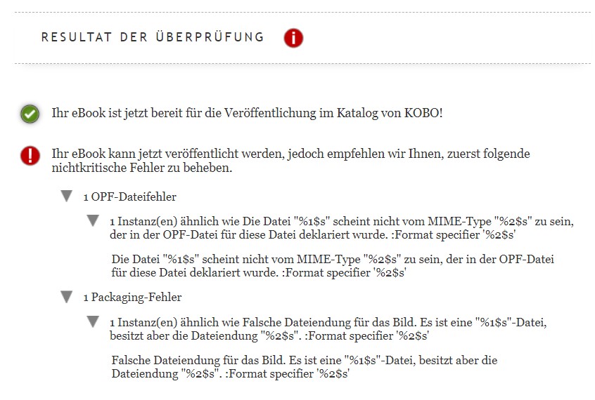 Übersicht der Validierungsergebnisse mit der Meldung, dass das eBook bereit zur Veröffentlichung ist, aber noch einige nicht-kritische Fehler enthält.