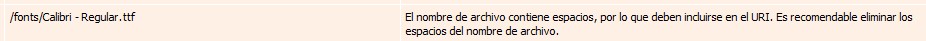 Advertencia por nombre de archivo de fuente con espacios (“Calibri - Regular.ttf”), lo cual puede causar errores de URI durante la carga o lectura del EPUB.