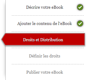 Capture d'écran de l'onglet des 4 étapes de publication sur le tableau de bord de Kobo WRiting Life. L'onglet « Droits et Distribution » est sélectionné. Il s'agit du troisième onglet après « Décrire votre eBook » et « Ajouter le contenu de l'eBook ».
