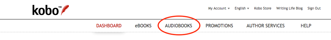 A screenshot of the top bar of the Kobo Writing Life dashboard with the audiobooks tab, third from the left after ”Dashboard” and ”eBooks”, circled.