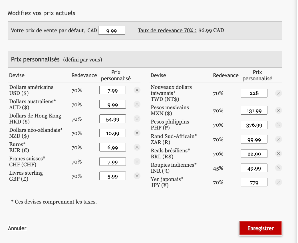 Une capture d'écran de l'interface utilisateur des prix personnalisés où un utilisateur a défini des prix personnalisés pour 14 devises différentes.