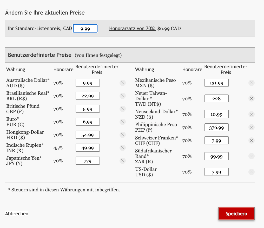 Ein Screenshot der Nutzeroberfläche für individuelle Preise, der zeigt, wie ein Benutzer spezifische Preise für 14 unterschiedliche Währungen eingestellt hat