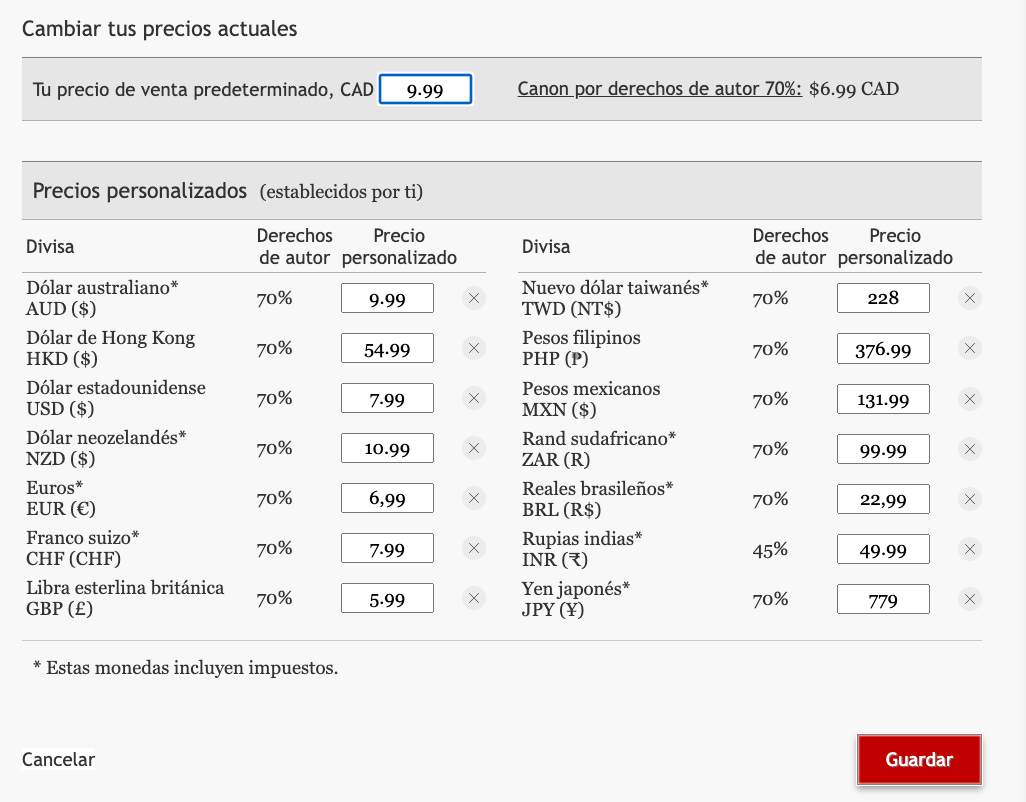 Una captura de pantalla de la interfaz de usuario de precios personalizados donde un usuario ha establecido precios personalizados para 14 divisas diferentes.