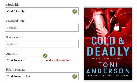 Ein Screenshot der Benutzeroberfläche zur Eingabe von Metadaten im Kobo Writing Life-Dashboard. Sie enthält die Felder eBook-Titel, eBook-Untertitel, Serienname, Autor(en) und Verlagsname.