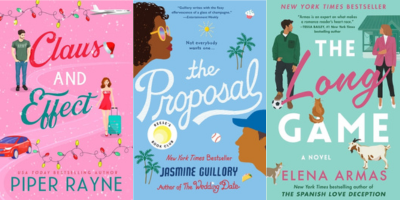 Three examples of romance covers featuring illustrations of the main characters, a centred title with loud, cursive fonts, and bright colours.