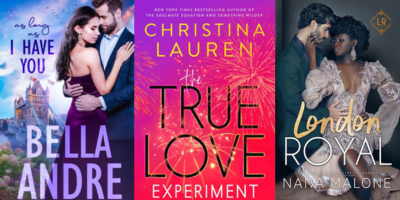 Three romance covers featuring models embracing each other with large titles in bold fonts.