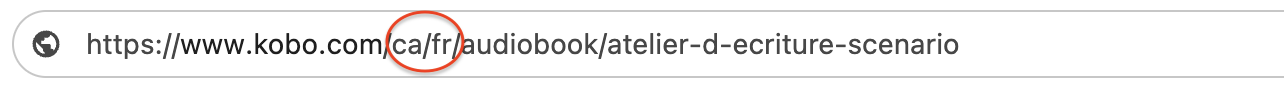 Capture d'écran de l'URL avec les indicateurs de pays et de langue ca/fr pour Canada, en langue française.