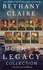 Negen 2D covers van de serie Morna's Legacy door Bethany Claire. De achtergrond is een rustig natuurlandschap met subtiele kleurschakeringen
