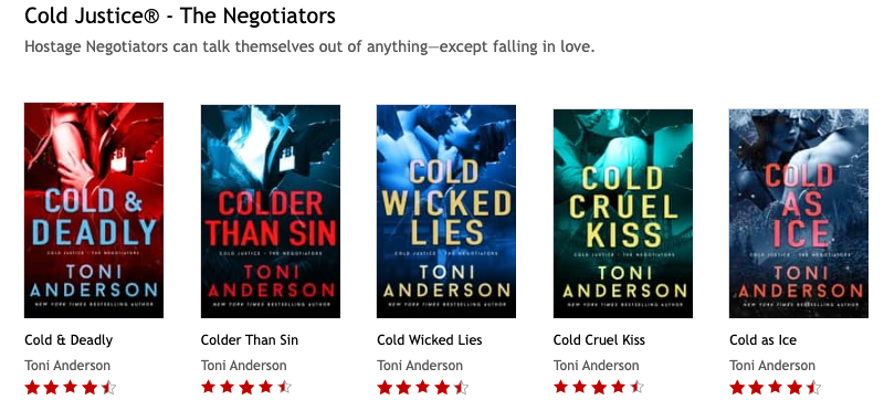 Una captura de pantalla de un carrusel en la tienda Kobo que muestra una serie de libros de Toni Anderson. Los cinco libros electrónicos tienen metadatos completos y precisos.