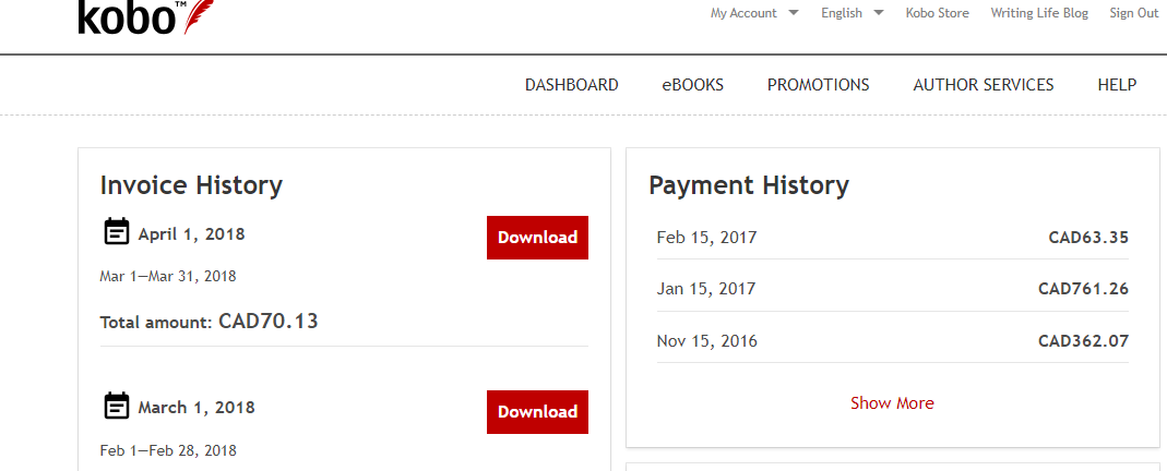 Historique des factures sur la droite et historique des paiements sur la gauche, dans le tableau de bord Kobo Writing Life. Des boutons rouges Télécharger permettent de télécharger chaque facture individuellement à droite.