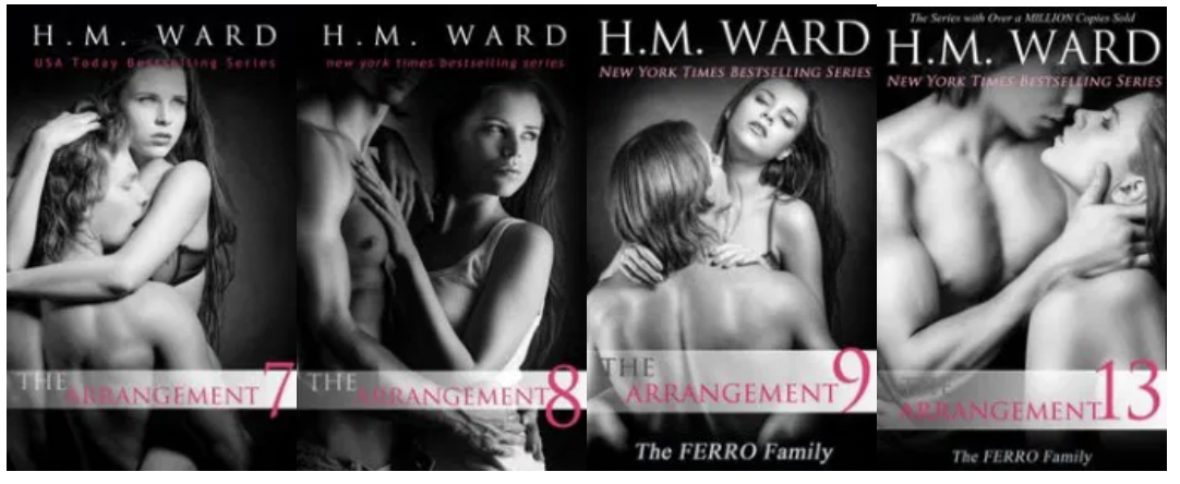 Cuatro portadas de la misma serie de novelas románticas, retomando el mismo concepto visual: dos amantes entrelazados en poses variadas, todo en blanco y negro, con una maquetación y colores de gran coherencia.