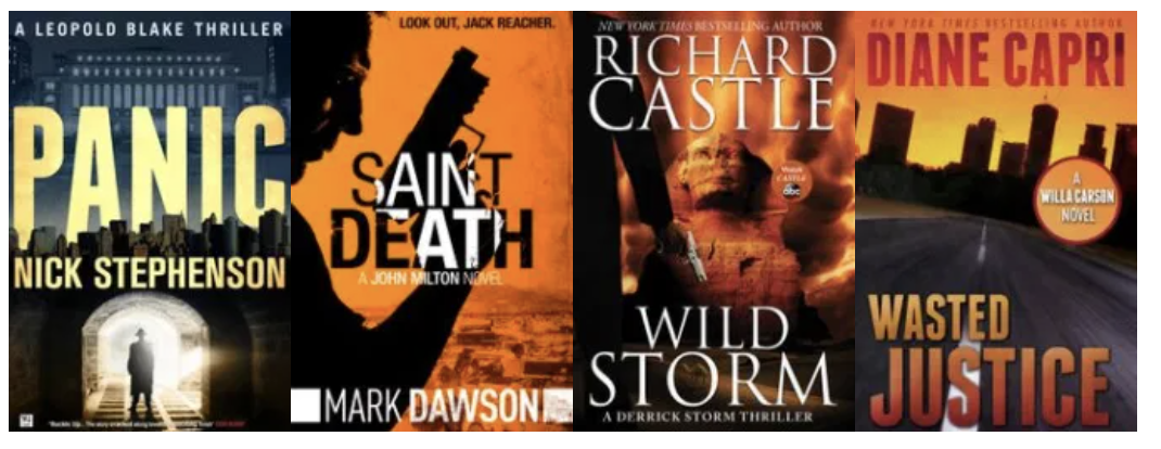 Drie mystery- en thrillerboekomslagen met ruige landschappen, silhouetten van mensen in pakken met geweren en texturen die een sfeer van mysterie geven