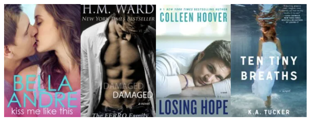 Drie romance boekomslagen met modellen die elkaar omhelzen met grote titels in vette lettertypen