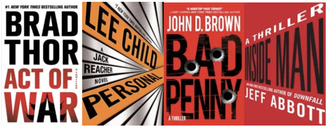 Four covers featuring the title and the author’s name in bold, dynamic, and high contrast fonts that take up most of the cover as the main element of the image.