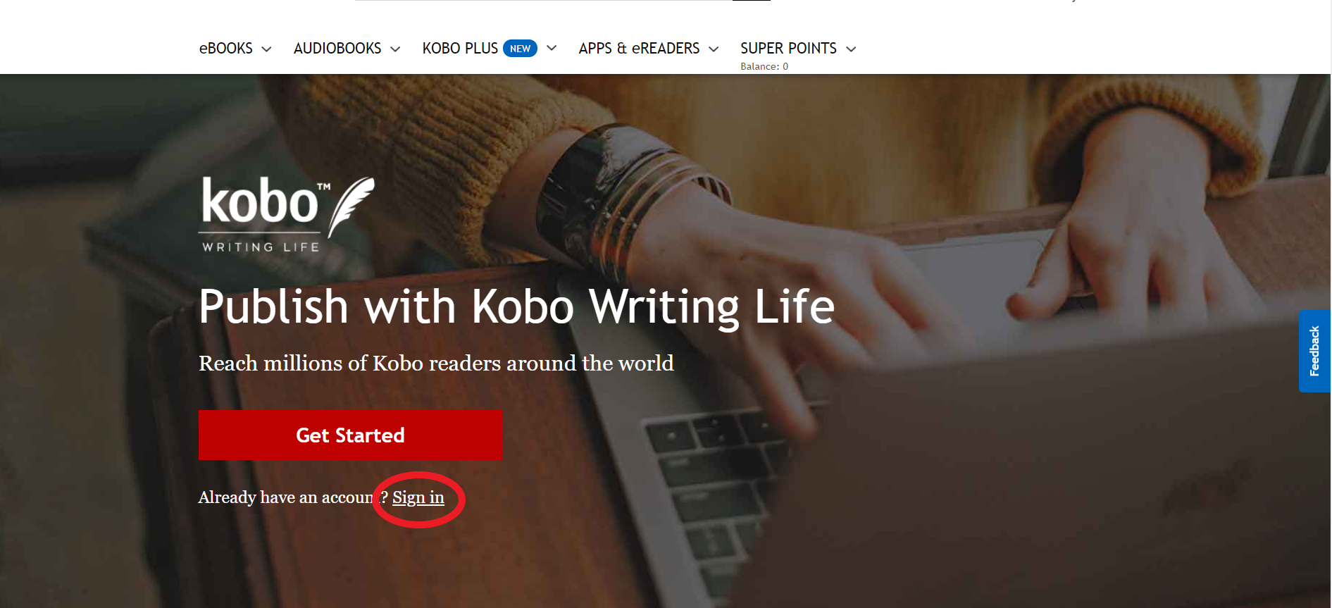 顯示一個標題為「Kobo Writing Life」的圖片，背景是一位使用電腦的女性，並寫有「Publish with Kobo Writing Life」，下方有一個紅色按鈕供點擊開始。