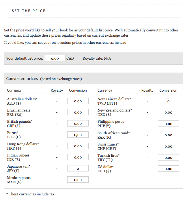 顯示一個表格，包含不同貨幣的欄位，所有轉換價格均為 0.00 美元，表格頂部標題為「Set the Price」。