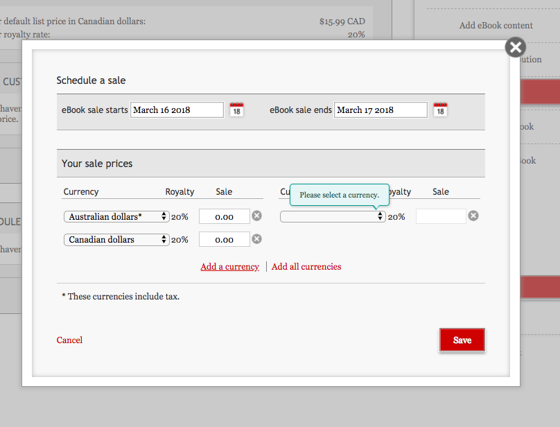 顯示一個表單，包含排程促銷的區域，以及為不同貨幣設定免費價格的區域。