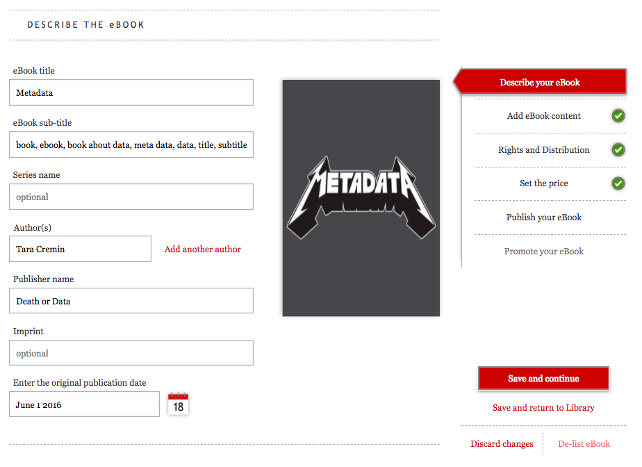Image shows an eBook product page. Fields include title, subtitle, author, publication date, and more. 