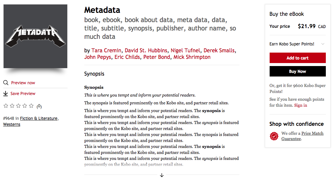 Image shows the title ‘Metadata’ along with the subtitle ‘A binary tale’ and lists the authors beneath it in red. It also has the synopsis header with the synopsis beneath it.