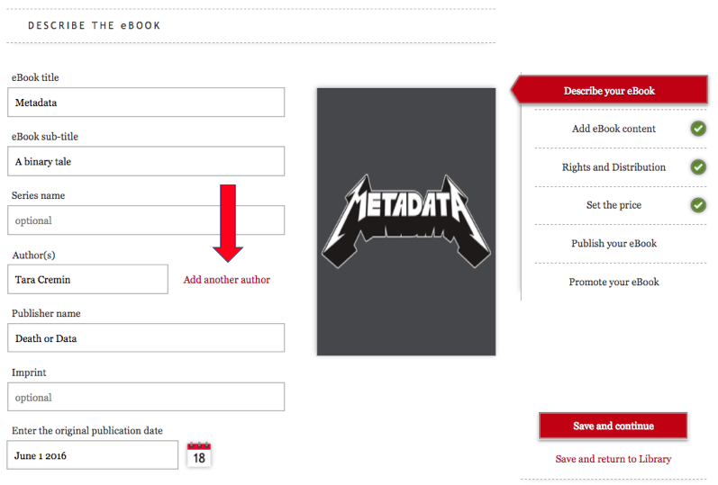 Image shows an eBook page with fields for title, subtitle, author, publication date, and more. 