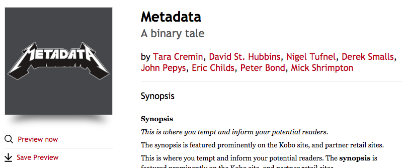 Image shows the title ‘Metadata’ along with the subtitle ‘A binary tale’ and lists the authors beneath it in red. It also has the synopsis header with the synopsis beneath it.