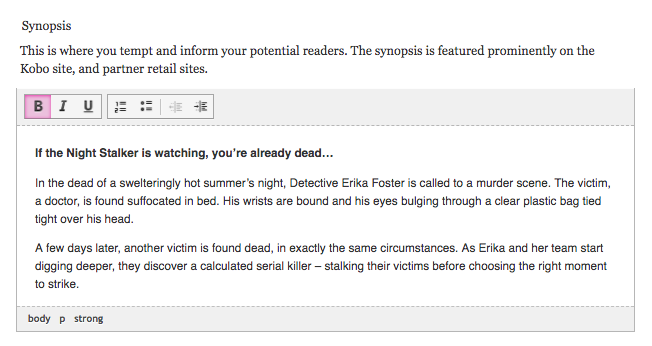 This shows a header at the top that says Synopsis and below it is a text box with the synopsis of an eBook. The B for bolding the text, highlighted in pink to showcase its usage for the header in the text box.