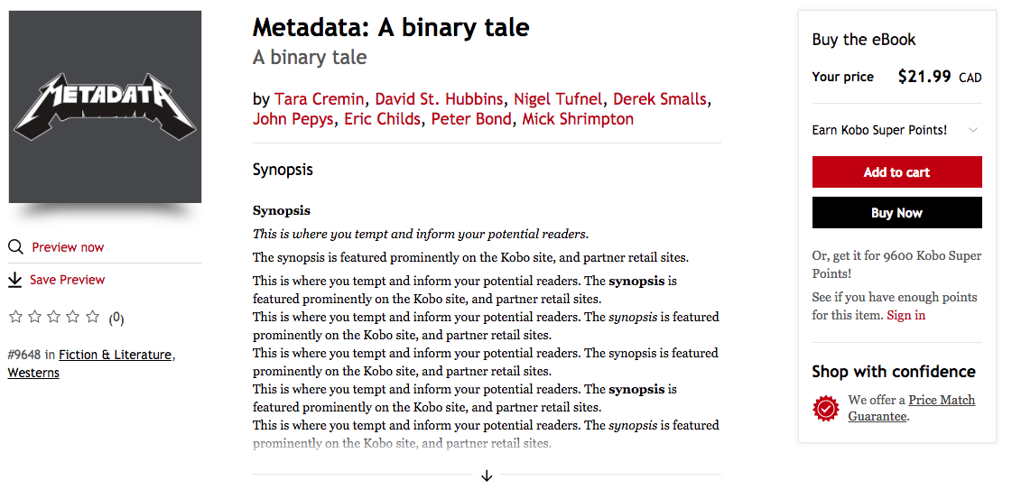 Image shows the title ‘Metadata’ along with the subtitle ‘A binary tale’ and lists the authors beneath it in red. It also has the synopsis header with the synopsis beneath it