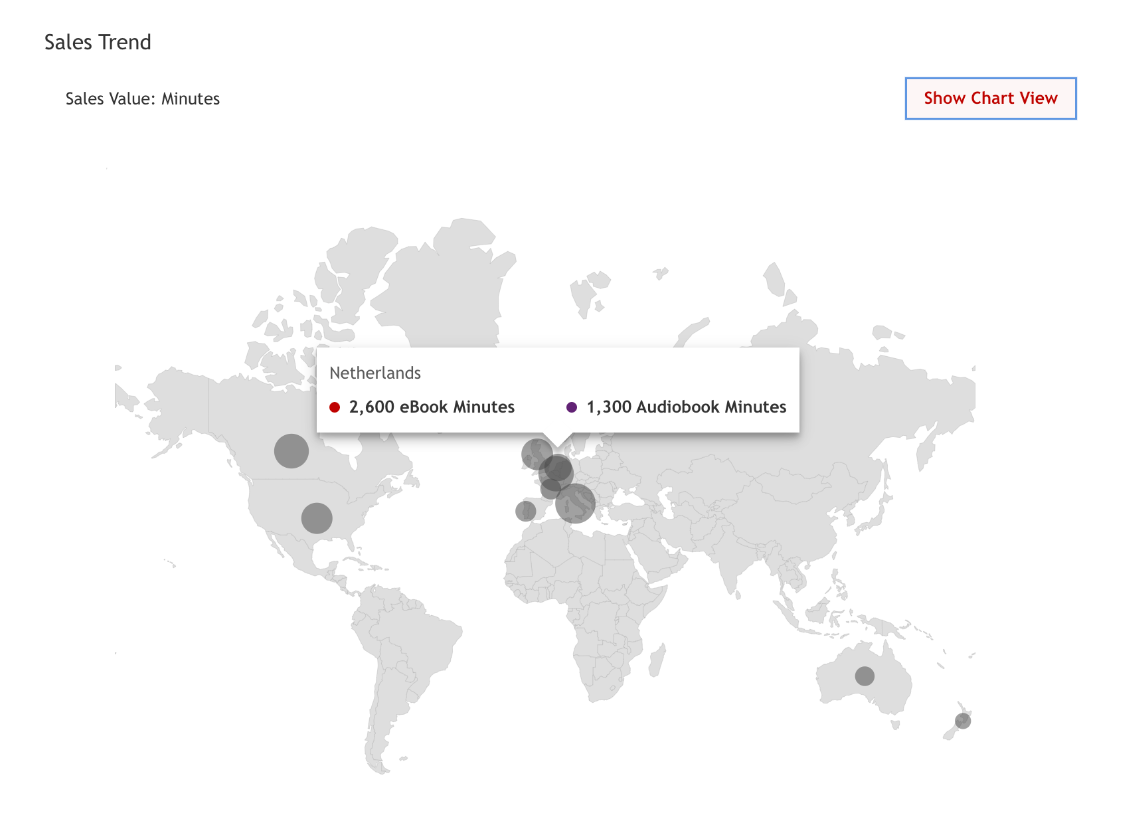 A map of the world. A menu highlights the Netherlands to show eBook and audiobook minutes read in that region