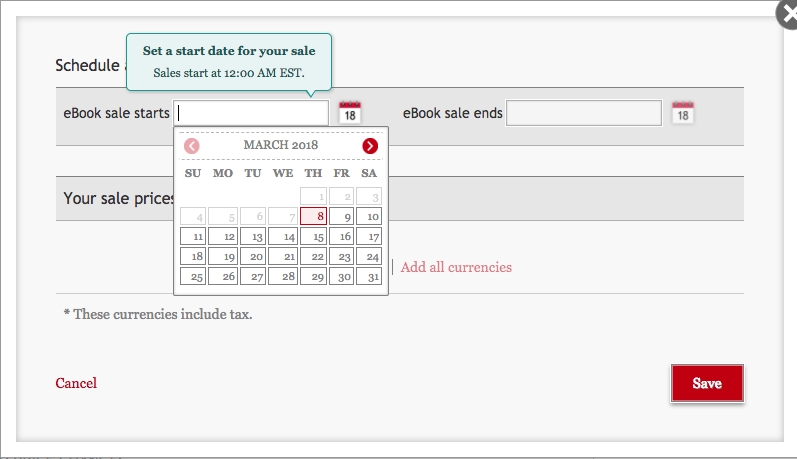 圖片頂部顯示設定促銷開始與結束日期的欄位，並有一個輸入價格的指定區域。日期輸入欄旁有日曆圖示，方便選擇日期。