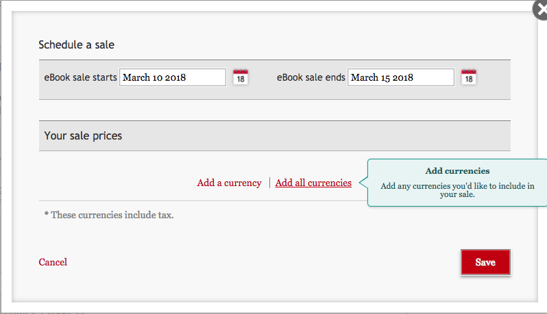 圖片頂部顯示設定促銷開始與結束日期的欄位，並有一個輸入價格的指定區域。還有一個區域可新增促銷的所有貨幣。