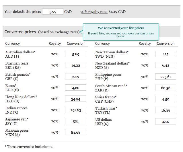 显示一个表格，列出以 5.99 CAD 为定价、70% 版税率（4.19 CAD）的转换价格。