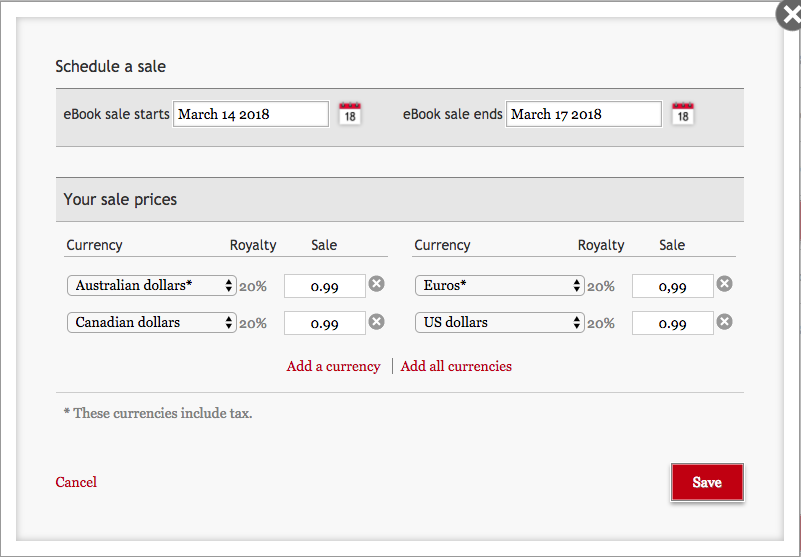 显示一个促销排程区域，列出加拿大与澳洲的促销价格。 