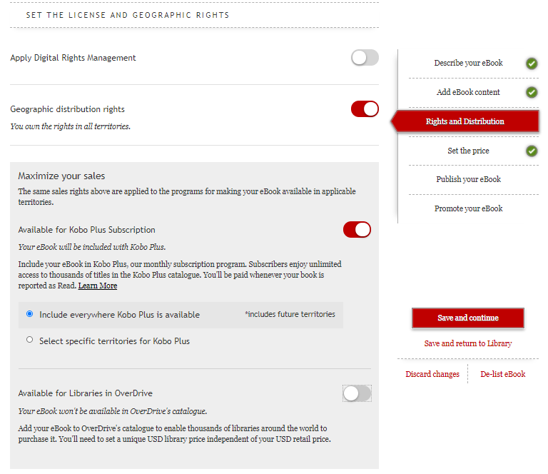 显示「权利与分销」标签的截图，用户可在此管理 DRM（数字版权管理）、地理分销权、Kobo Plus 订阅选项，以及 OverDrive 的可用性。
