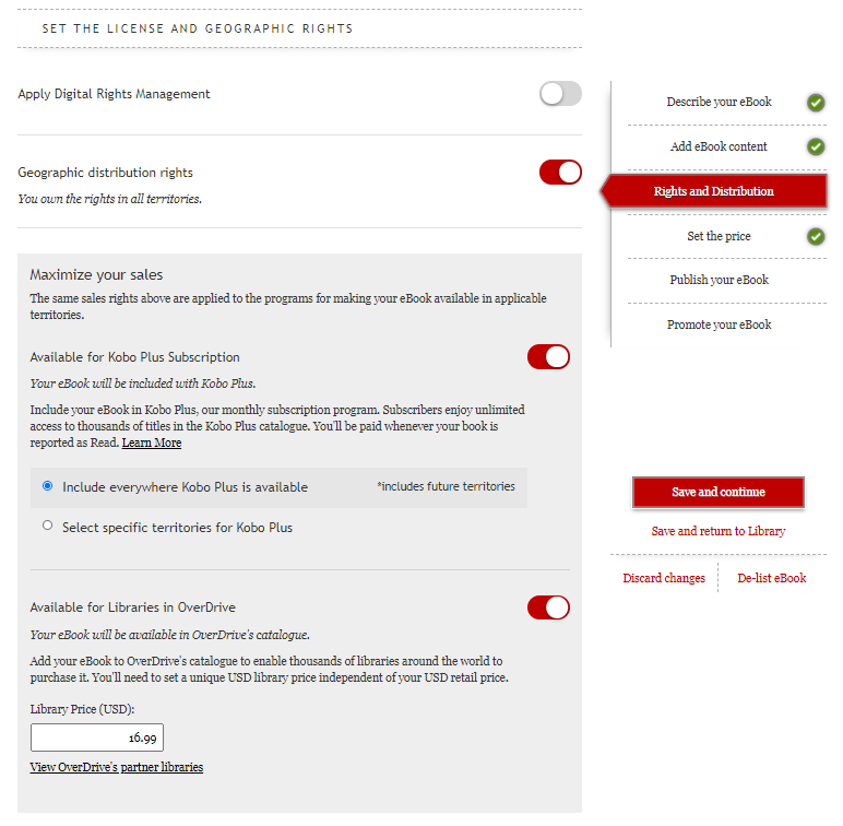 显示「权利与分销」标签的截图，电子书已选择加入 OverDrive，并设置了价格。 