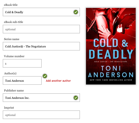 显示 Kobo Writing Life 仪表板中输入中继资料的用户界面截图，系列名称（Series name）和卷数（Volume number）栏位已填写完成。