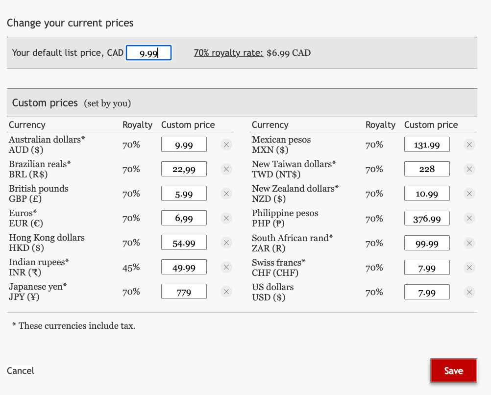 显示自订价格用户界面的截图，用户已为 14 种不同货币设置了自订价格。