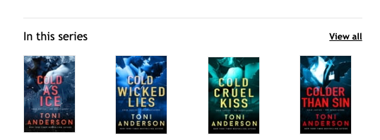显示「In this series」轮播的截图，该轮播显示在具有正确系列中继资料的 Kobo 产品页面上。此范例展示 Toni Anderson 的「Cold Justice® - The Negotiators」系列中的四本书。