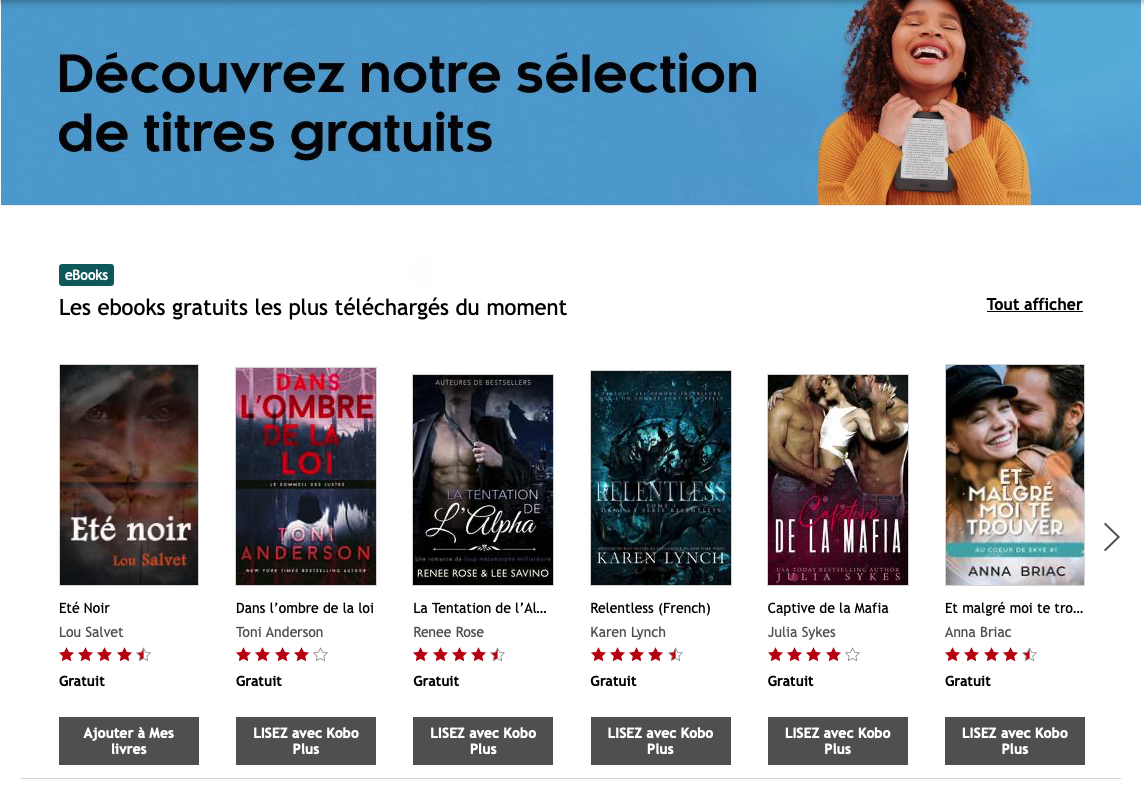 Une capture d'écran de la bannière de la page dédiée aux titres gratuits sur la librairie en ligne Kobo et les 6 titres du premier carrousel, répertoriant les livres numériques les plus téléchargés du moment.