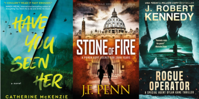 Trois couvertures de romans policiers et de thrillers, avec des paysages sauvages, des silhouettes d'hommes armés, et des jeux de superposition créant une ambiance mystérieuse.