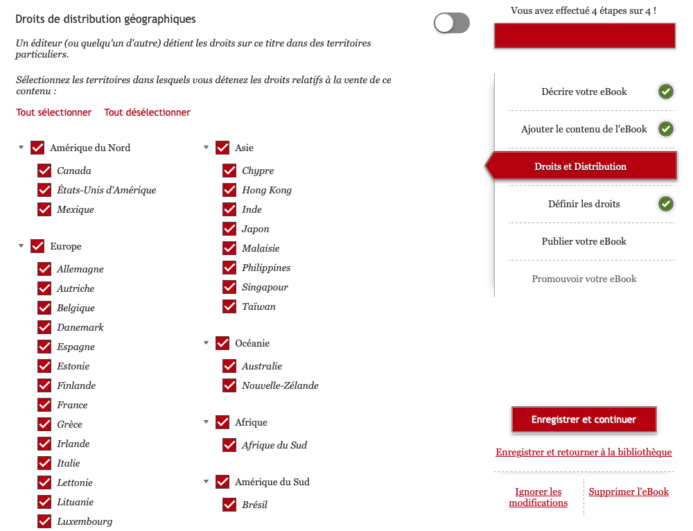 Capture d'écran du tableau de bord Kobo Writing Life. L'onglet indique que l'auteur est à la troisième étape du processus de publication : Droits et distribution. Le bouton permettant de distribuer le titre sur tous les territoires est désactivé. Une liste de pays permet à l'auteur de sélectionner dans quels pays son titre sera rendu accessible.