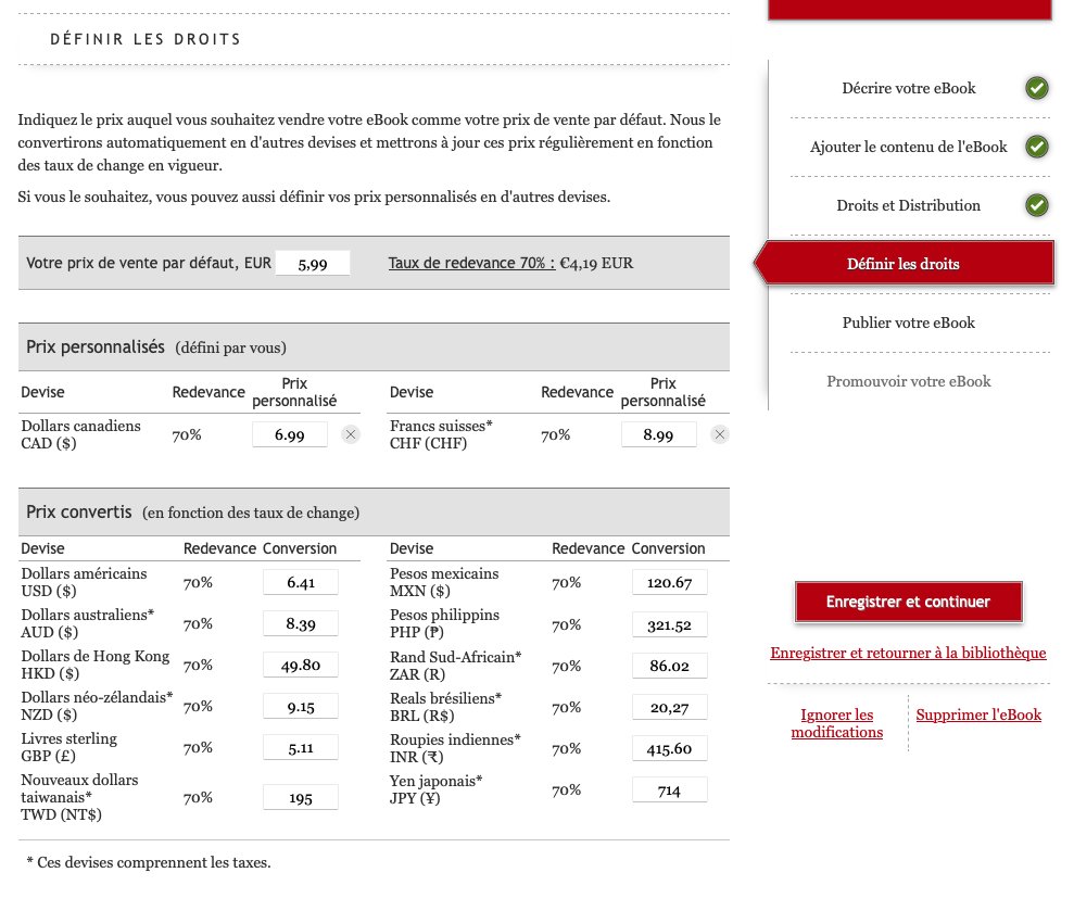Capture d'écran du tableau de bord Kobo Writing Life. L'onglet indique que l'auteur est à la quatrième étape du processus de publication : Définir les droits. Des champs permettent de fixer des prix dans différentes devises. Fixer un permier prix par défaut permet d'activer une conversion automatique dans les autres devises.