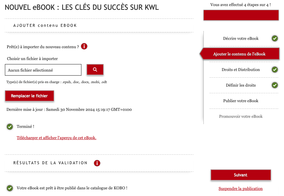 Capture d'écran du tableau de bord Kobo Writing Life. L'onglet indique que l'auteur est à la deuxième étape du processus de publication : Ajouter le contenu de l'eBook. Un champ permet de rechercher et choisir le fichier à importer.