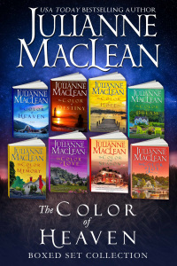 Acht 3D-Cover der Serie The Color of Heaven von der Autorin Julianne MacLean. Die Cover sind farbenfroh und auffällig, der Hintergrund ist eine ruhige nächtliche Landschaft mit viel Dunkelblau