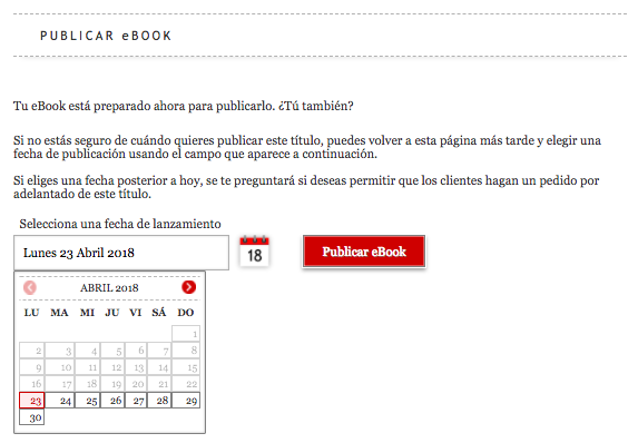 Captura de pantalla donde se selecciona una fecha de publicación futura en el formulario de publicación de Kobo Writing Life.