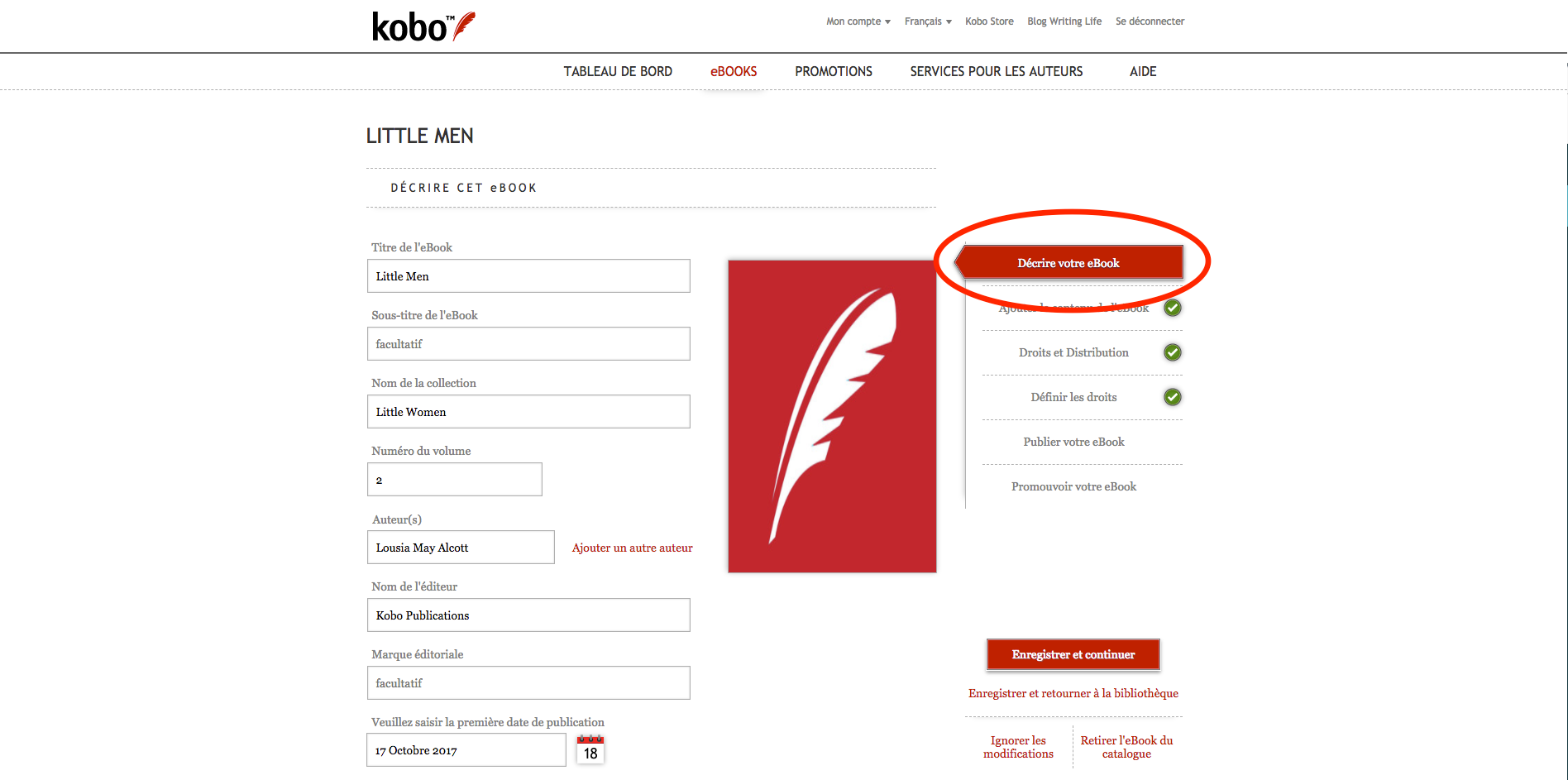 Capture d'écran du tableau de bord Kobo Writing Life présentant la page d'un eBook permettant de modifier ses métadonnées. L'onglet Décrire votre eBook est entouré.