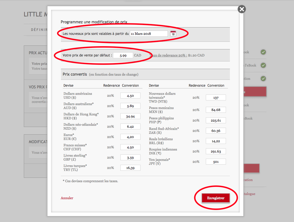 Capture d'écran du tableau de bord Kobo Writing Life présentant la fenêtre où l'on peut modifier un prix. Un premier champ permet de choisir la date du changement de prix, un second champ permet de renseigner le nouveau prix.