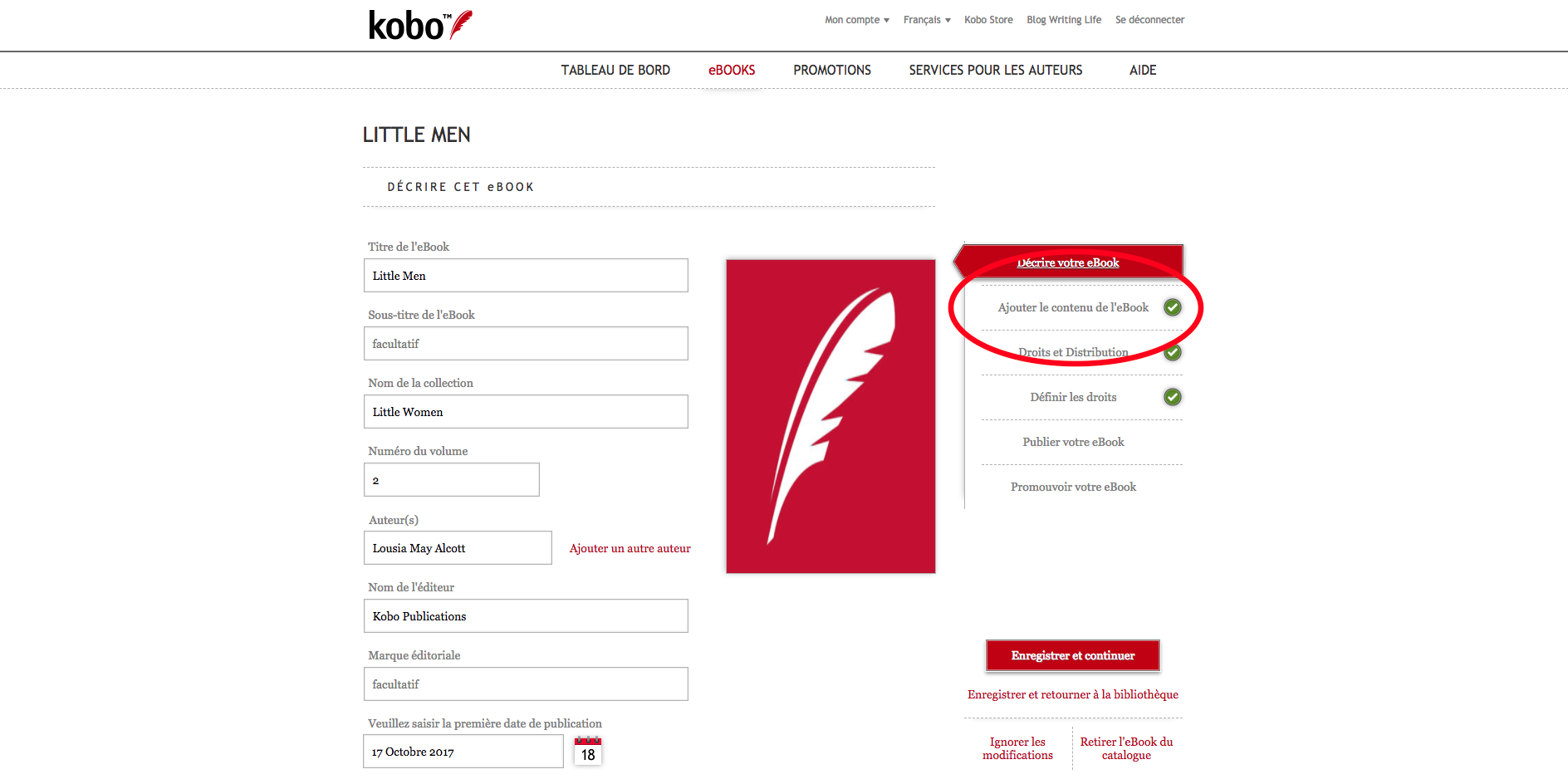 Capture d'écran du tableau de bord Kobo Writing Life présentant la page d'un eBook permettant de modifier ses métadonnées. L'onglet Ajouter le contenu de l'eBook, le deuxième en partant du haut, est entouré.