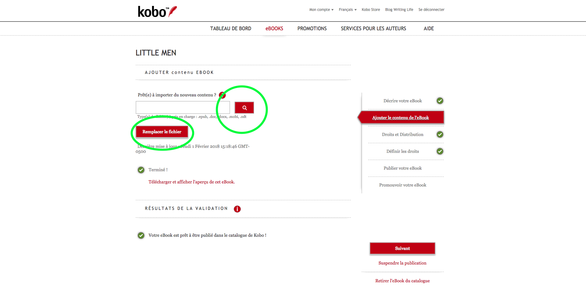 Capture d'écran du tableau de bord Kobo Writing Life présentant la page d'un eBook permettant de modifier ses métadonnées et plus particulièrement l'onglet Ajouter le contenu de l'eBook. Un bouton rouge avec une loupe, à droite du champ permettant de renseigner le nom du fichier à charger, est entouré ainsi que qu'un autre bouton rouge Remplacer le fichier, en dessous de ce même champ.